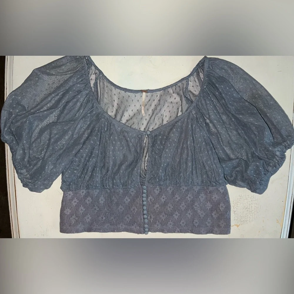Free People Dusty Blue Sheer Puff-Sleeve Crop Top